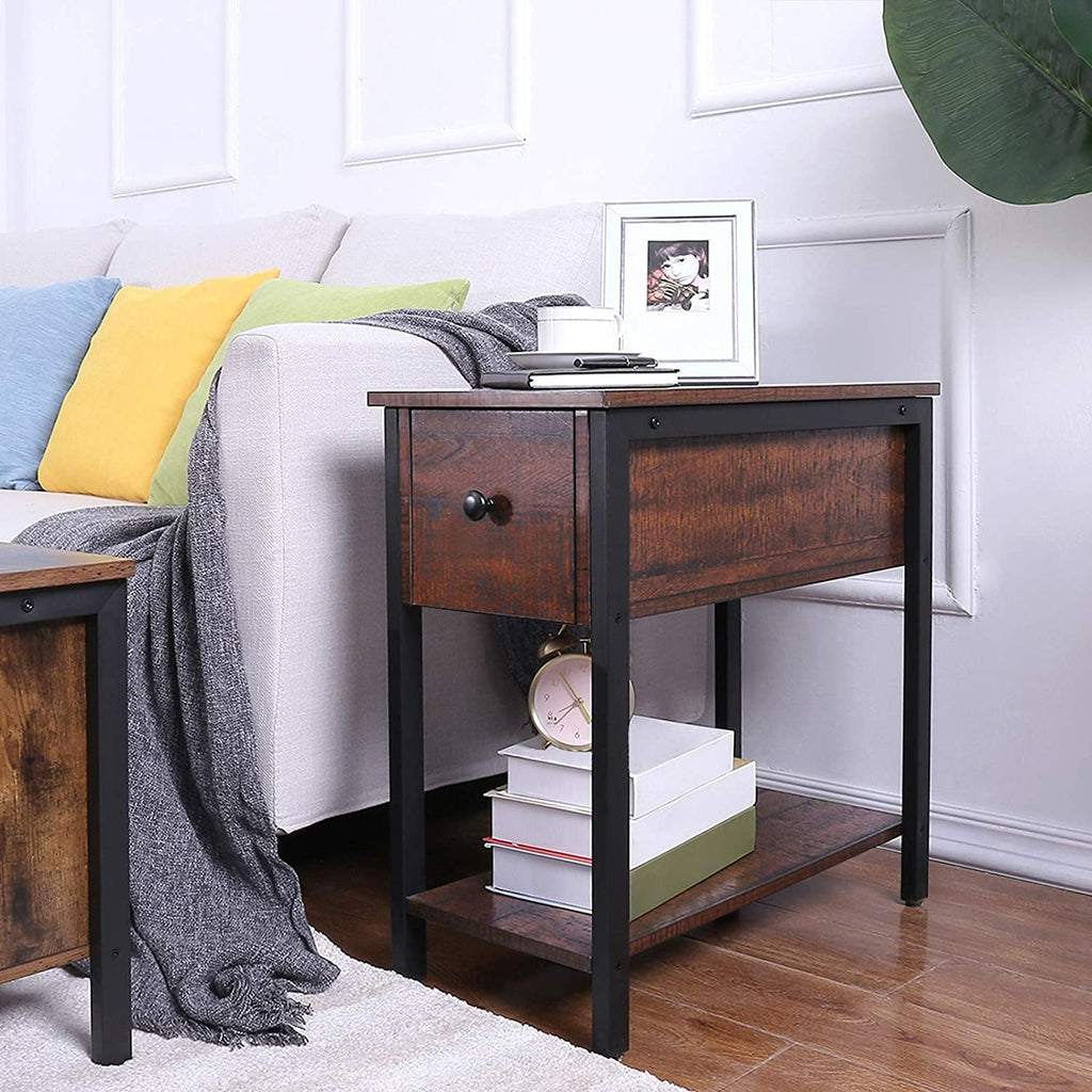 Side Table, 2-Tier Nightstand with Drawer, Narrow End Table for Small Spaces - The Linen House
