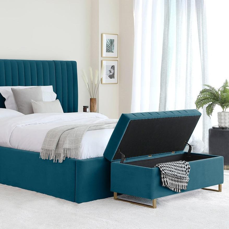 Dark Teal Velvet And Brushed Brass Ottoman Storage Bench - The Linen House