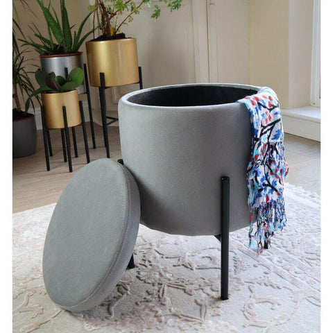 Velvet Round Storage Ottoman - The Linen House