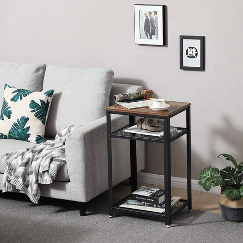 Industrial Style Iron and Wood Side Table with Two Tier Mesh Shelves - The Linen House