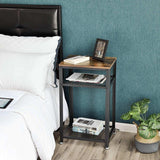 Industrial Style Iron and Wood Side Table with Two Tier Mesh Shelves - The Linen House