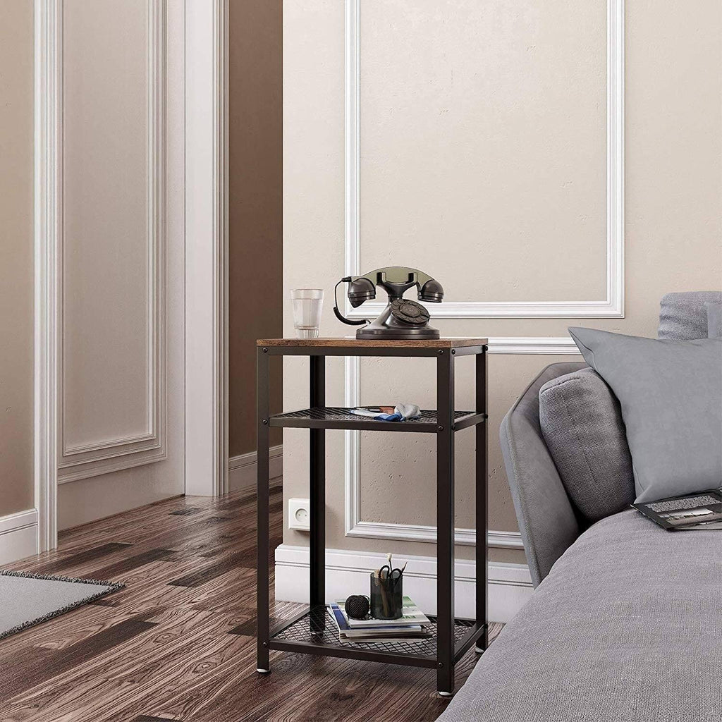 Industrial Style Iron and Wood Side Table with Two Tier Mesh Shelves - The Linen House