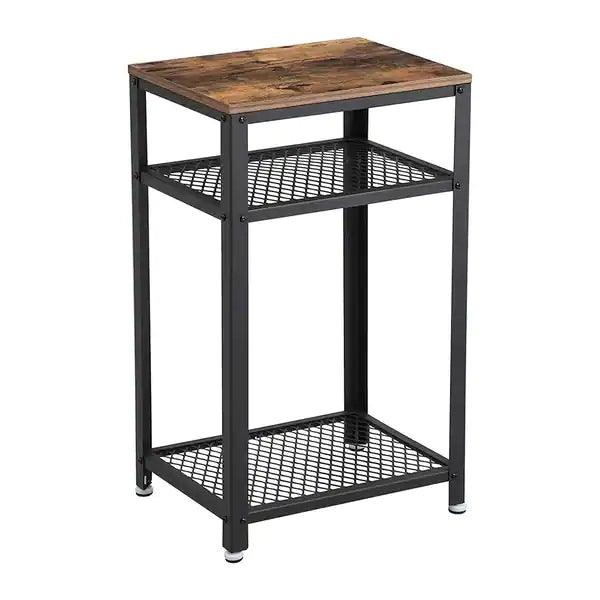 Industrial Style Iron and Wood Side Table with Two Tier Mesh Shelves - The Linen House