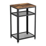 Industrial Style Iron and Wood Side Table with Two Tier Mesh Shelves - The Linen House