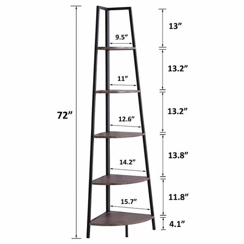 Corner Shelf 70 Inch Tall Bookcase 5- Tier Industrial Corner - The Linen House