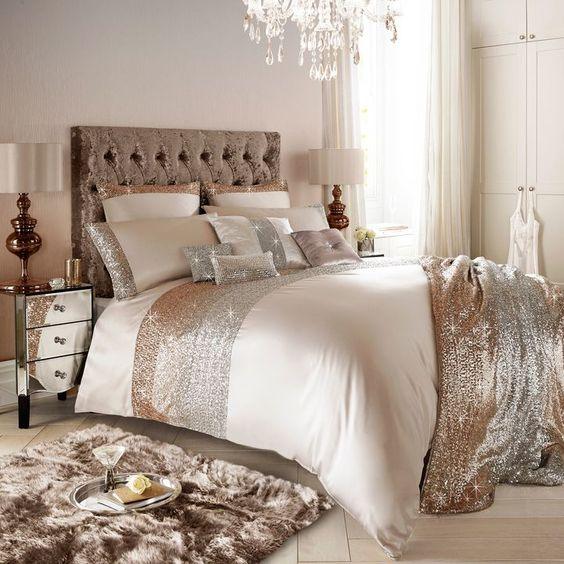Luxury Beige Bridal Bedding Set With Golden Sequence with filling - The Linen House