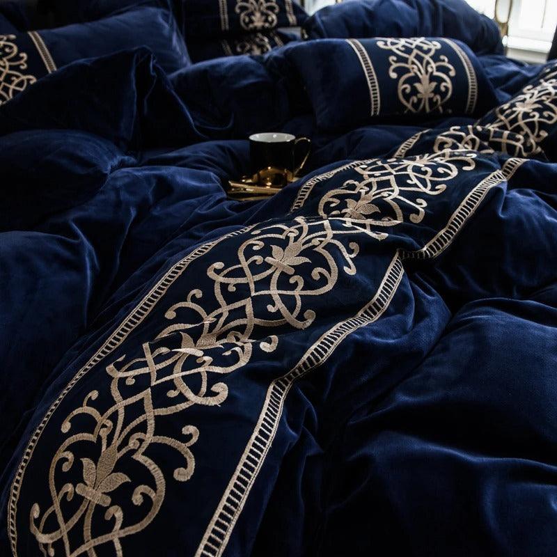 New Luxury Blue Embroidered Velvet Duvet - The Linen House