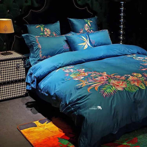 Mix Floral New Luxury Deep Blue Embroidered Bedding set - The Linen House
