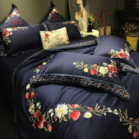 New Luxury Flower Ink blue Embroidered Duvet Set - The Linen House