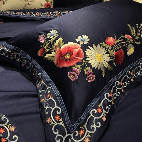 New Luxury Flower Ink blue Embroidered Duvet Set - The Linen House