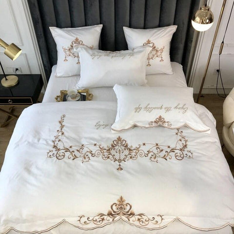 New White Elegant Cotton Satin Embroidery Bedding Duvet Set - The Linen House