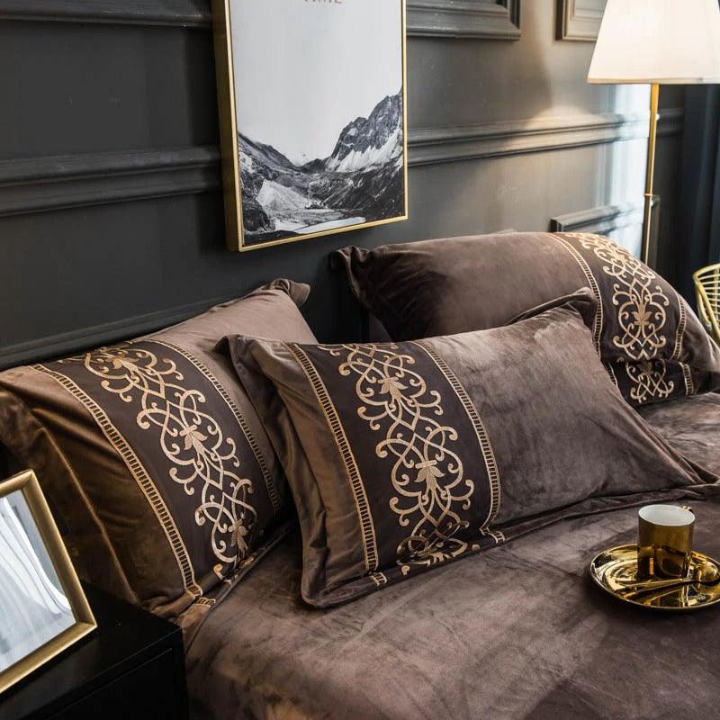 New Luxury Walnut Brown Embroidered Velvet Duvet set - The Linen House