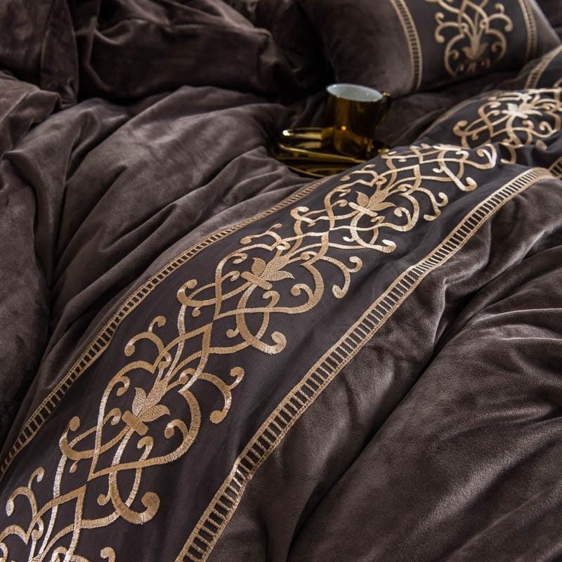 New Luxury Walnut Brown Embroidered Velvet Duvet set - The Linen House