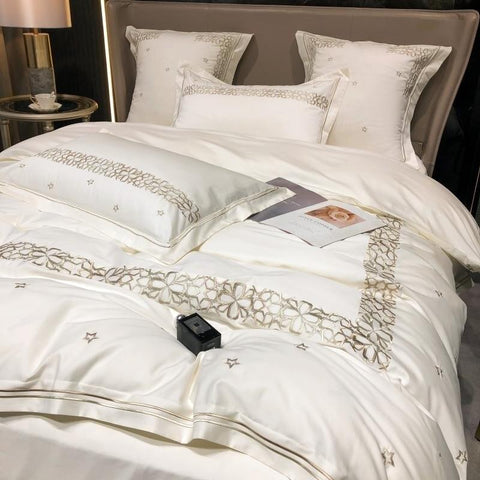 Luxury New White Cotton Satin Embroidered Duvet Set - The Linen House