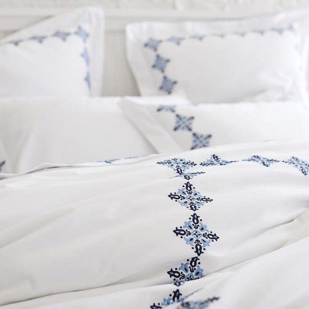 Luxury New White Cotton Satin With Blue Flowered Embroidery Duvet Set - The Linen House