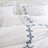 Luxury New White Cotton Satin With Blue Flowered Embroidery Duvet Set - The Linen House