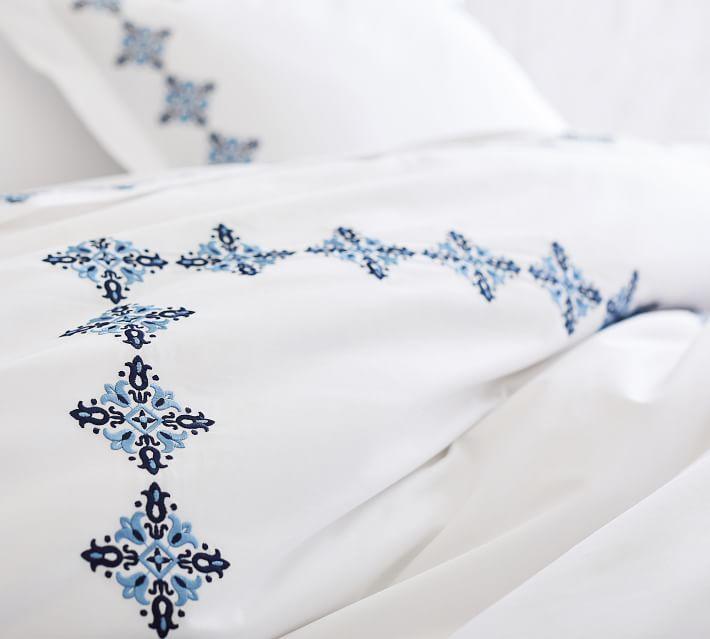 Luxury New White Cotton Satin With Blue Flowered Embroidery Duvet Set - The Linen House