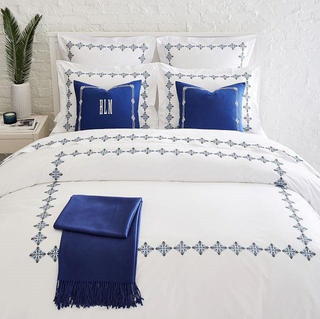 Luxury New White Cotton Satin With Blue Flowered Embroidery Duvet Set - The Linen House