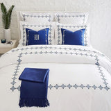 Luxury New White Cotton Satin With Blue Flowered Embroidery Duvet Set - The Linen House