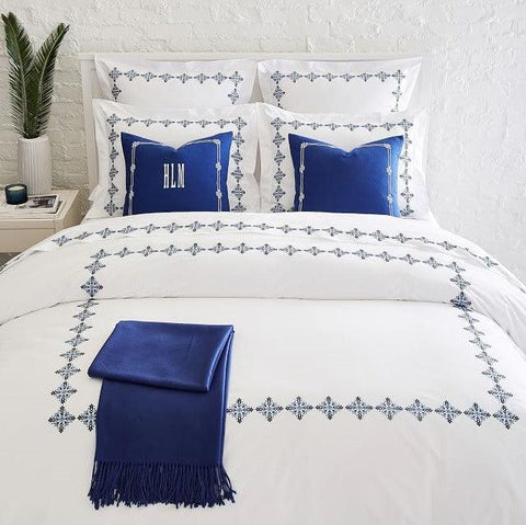Luxury New White Cotton Satin With Blue Flowered Embroidery Duvet Set - The Linen House