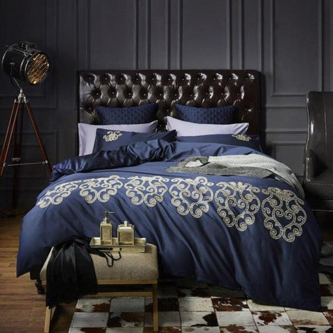 Luxury New Navy Blue with Tan Embroidered Duvet Set - The Linen House