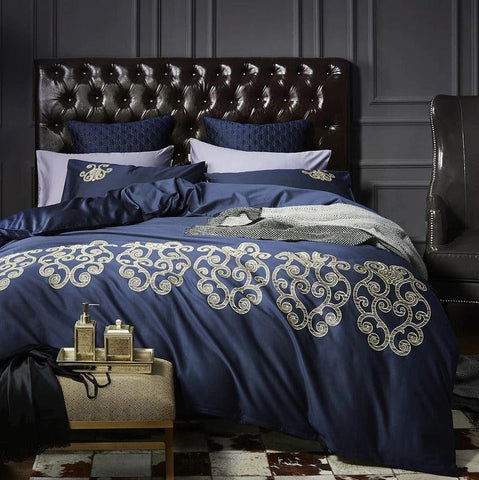 Luxury New Navy Blue with Tan Embroidered Duvet Set - The Linen House