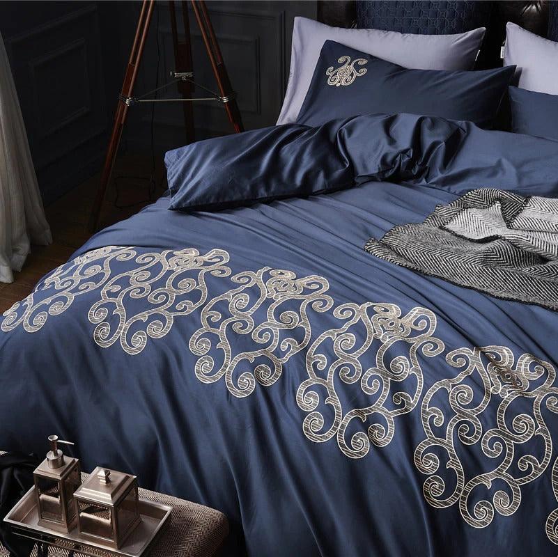 Luxury New Navy Blue with Tan Embroidered Duvet Set - The Linen House