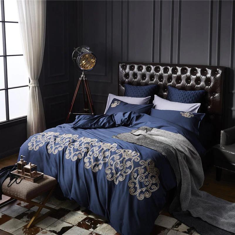 Luxury New Navy Blue with Tan Embroidered Duvet Set - The Linen House