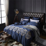 Luxury New Navy Blue with Tan Embroidered Duvet Set - The Linen House