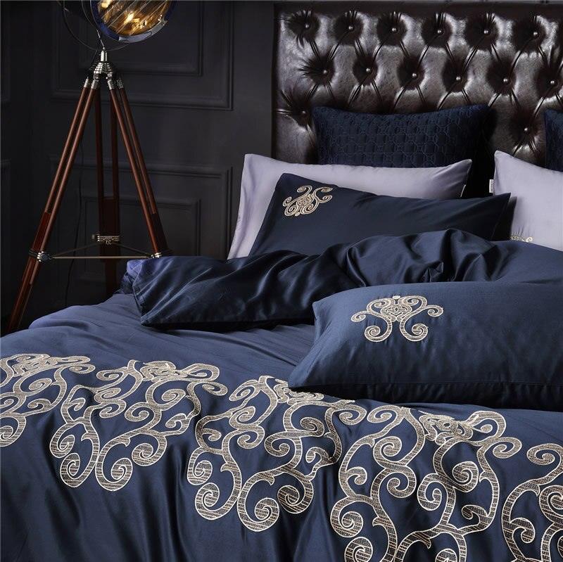 Luxury New Navy Blue with Tan Embroidered Duvet Set - The Linen House
