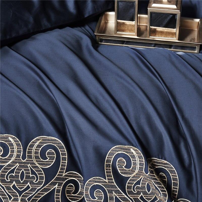 Luxury New Navy Blue with Tan Embroidered Duvet Set - The Linen House