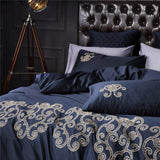 Luxury New Navy Blue with Tan Embroidered Duvet Set - The Linen House