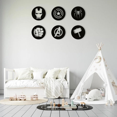 Avengers Metal Wall Art Set of 6, Geometric Nursery Wall Decor, 3D Metal Superhero Wall Hanging - The Linen House