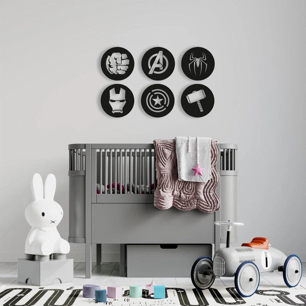 Avengers Metal Wall Art Set of 6, Geometric Nursery Wall Decor, 3D Metal Superhero Wall Hanging - The Linen House
