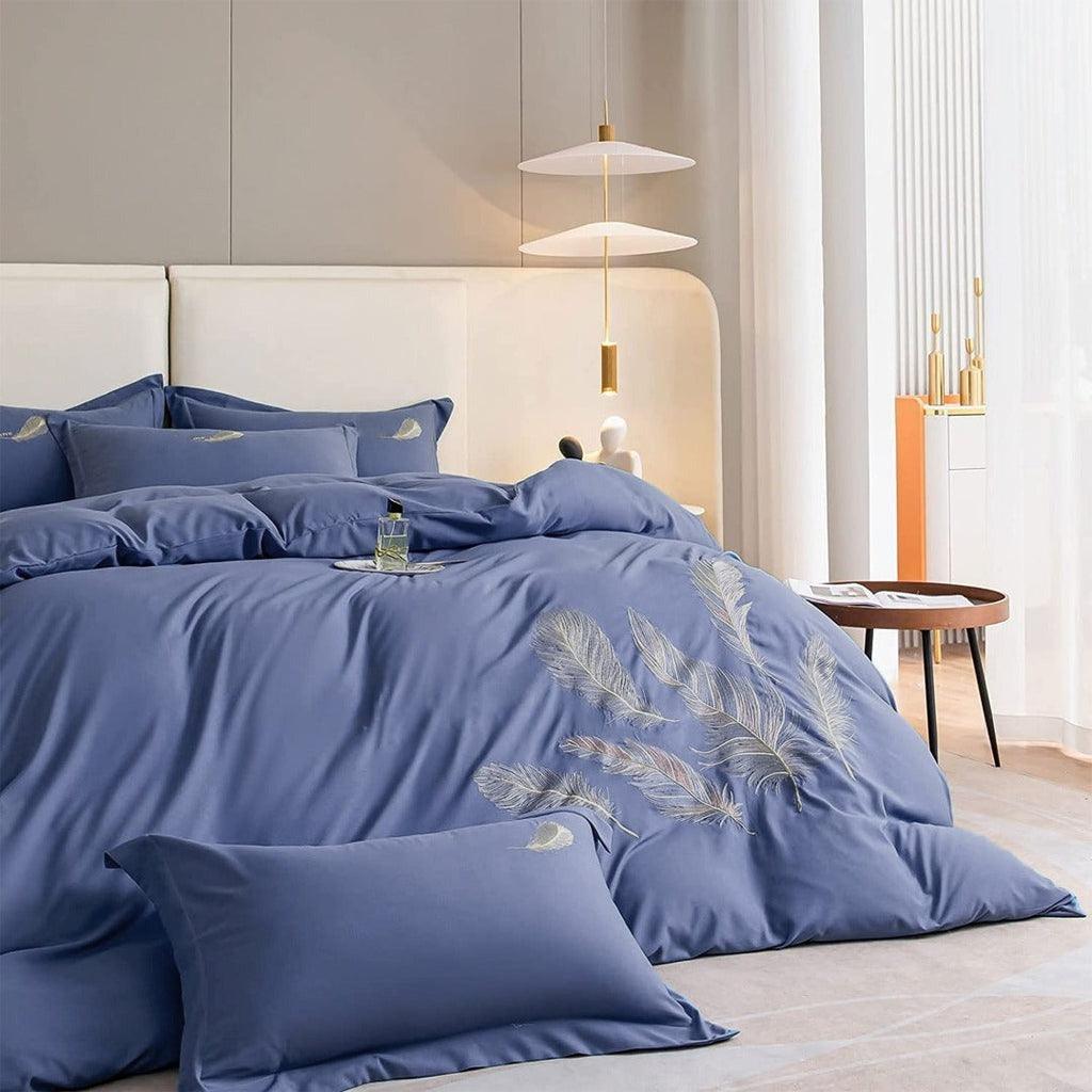Feather Pattern Cotton Satin Embroidery Duvet Set - The Linen House