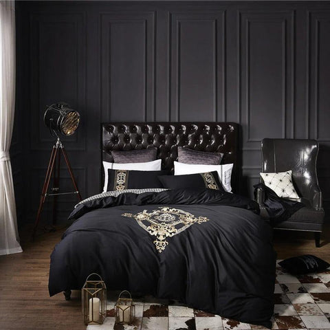 New Black Luxury Embroidered Complete Duvet Set - The Linen House