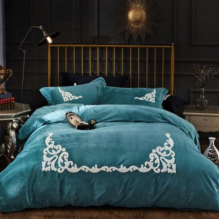 Ruffle Embroidery Velvet Ferozi - The Linen House
