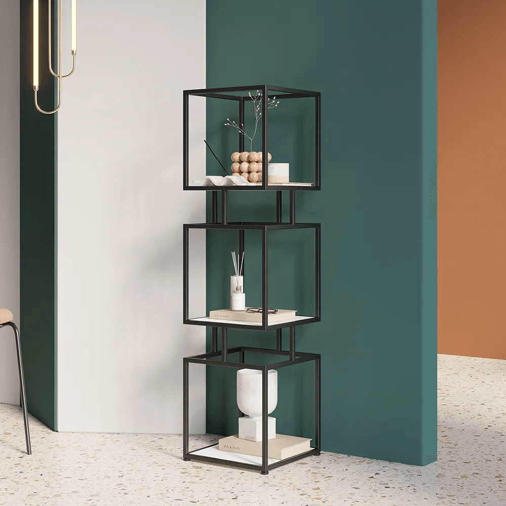 3-Tier Modern Black Cube Bookcase with Metal Tower Display Shelf - The Linen House