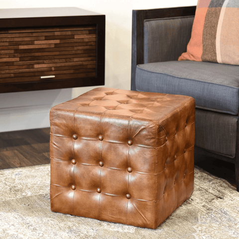 Distressed Leather Ottoman - The Linen House