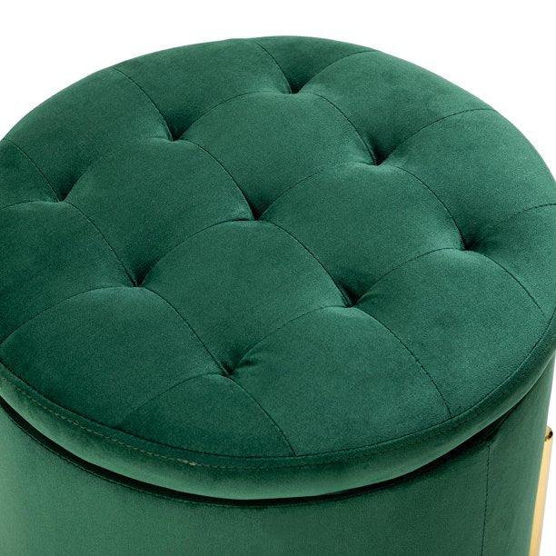 Velvet Round Storage Ottoman with Removable Lid, Gold Metal Legs - The Linen House