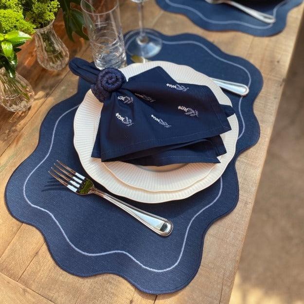 Navy Napkin & Mat with Off White and Blue Atena Small Flowers embroidery - The Linen House