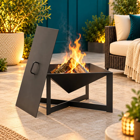 Korono Square Fire Bowl with Lid | Outdoor Garden Fire Pit