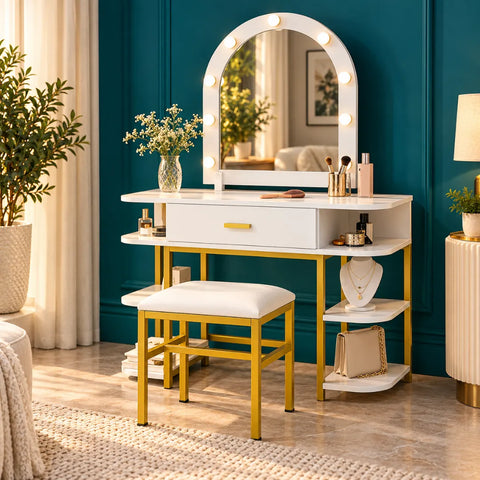White Vanity Mirror with Lights and Table Set with Drawers – Elegant and Functional Beauty Station