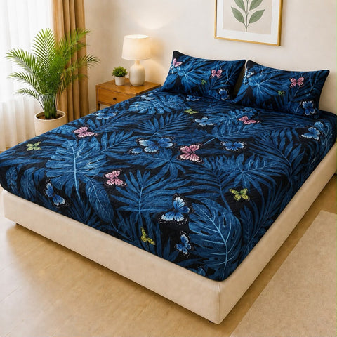 Blue Leaf & Butterfly Waterproof Fitted Mattress Cover