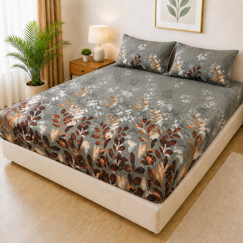 Premium Grey Botanical Waterproof Fitted Mattress Cover