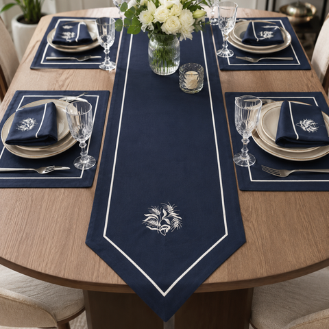 Premium Embroidered Dining Table Linen – Navy & White