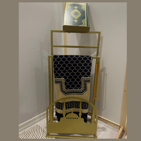 Luxury Gold Metal Prayer Mat Stand with Qur’an Holder & Tasbih Hook