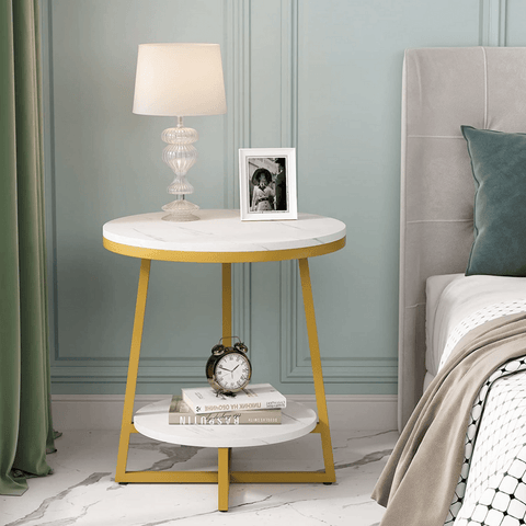2 Tier Faux Marble MDF Side Table with Storage Shelf - The Linen House