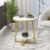 2 Tier Marble MDF Side Table with Storage Shelf - The Linen House