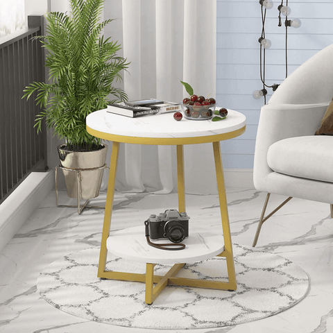 2 Tier Marble MDF Side Table with Storage Shelf - The Linen House